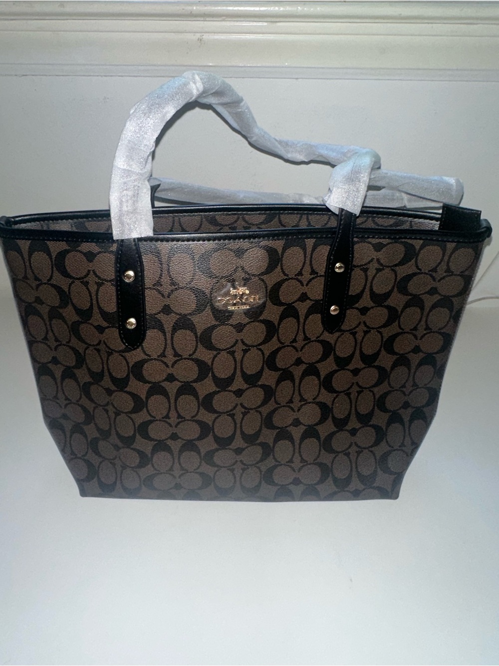 Coach Brown Signature Canvas Tote with Black Trim